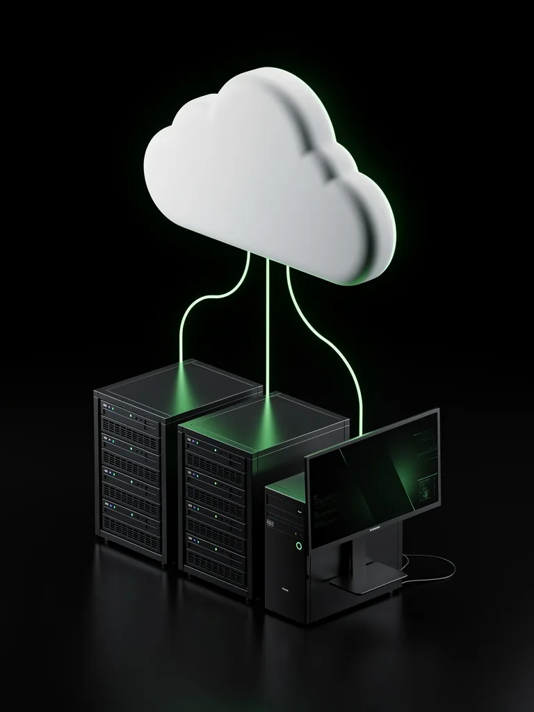A conceptual illustration of a cloud connected to server racks and a workstation — hosting and infrastructure.