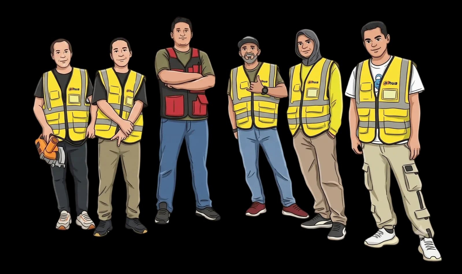 Cartoon illustration of the Powerbyte team — six technicians standing together in hi-vis safety vests, one holding a power tool.